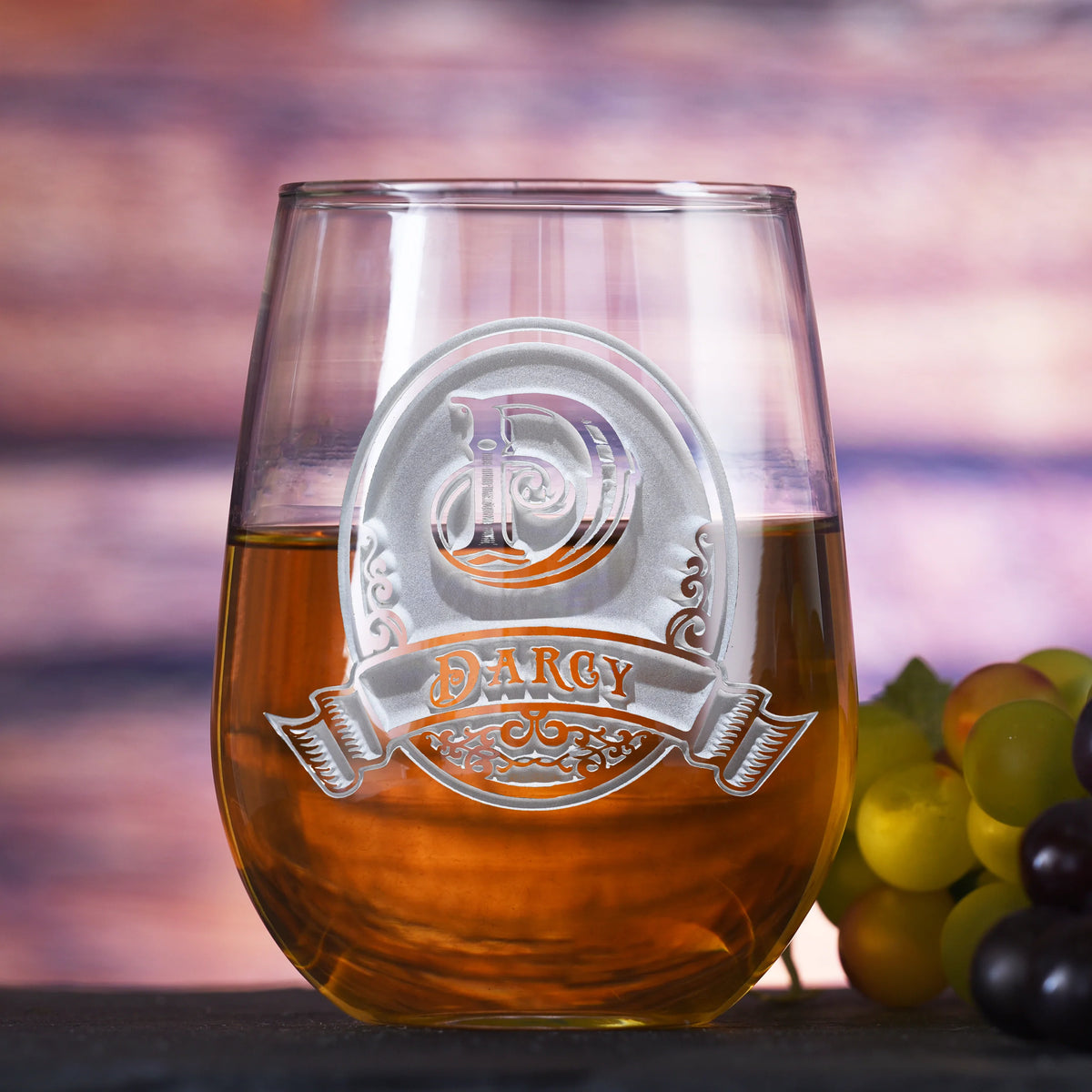 Personalized Stemless Wine Glass with engraved initial and custom name in oval design