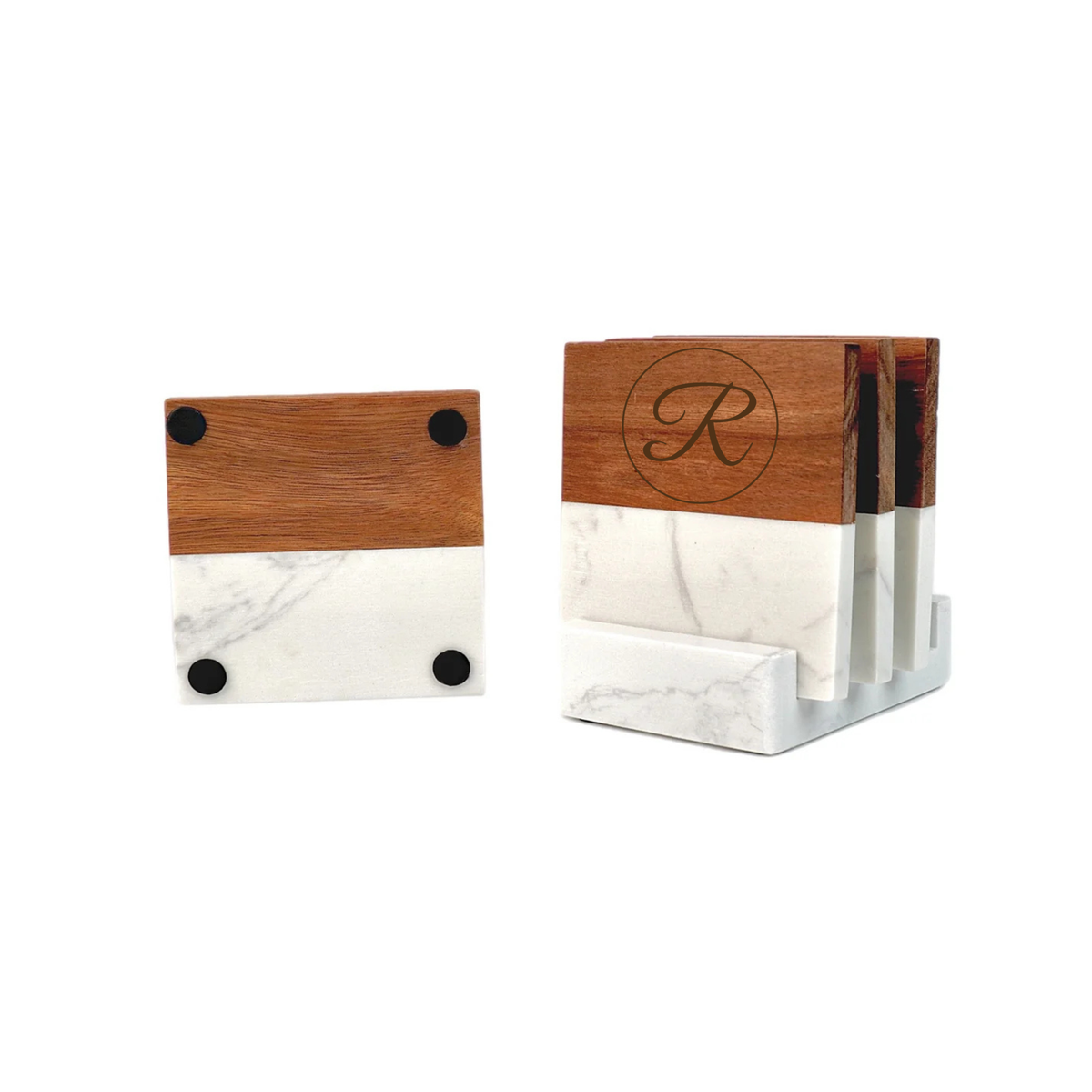 Wooden and marble coaster set with black feet, featuring a single coaster and a caddy organizer engraved with sample initial R