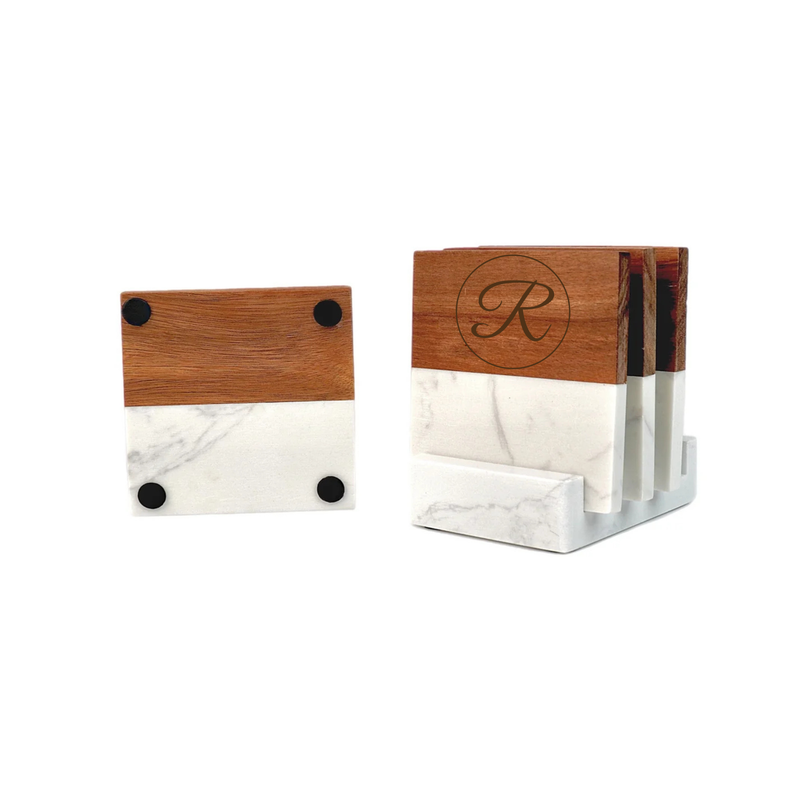 Wooden and marble coaster set with black feet, featuring a single coaster and a caddy organizer engraved with sample initial R