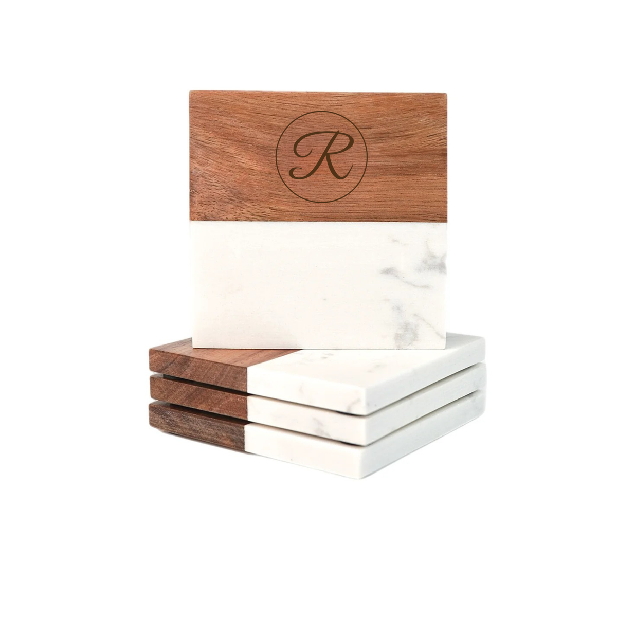 Marble Grove coaster set with wood and marble sections, featuring sample monogram letter R engraved in circle on wooden edge
