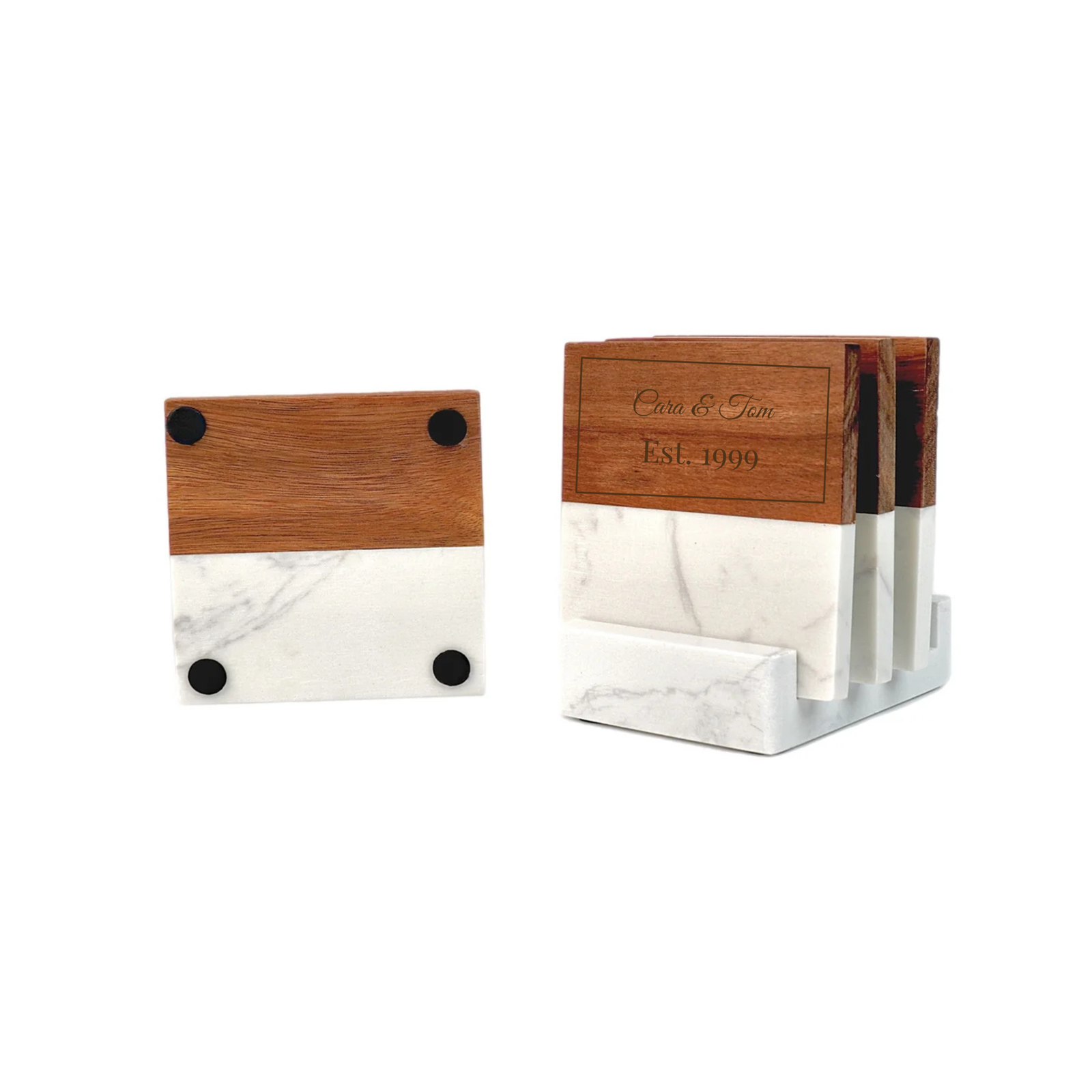 Wooden and marble coaster set with sample personalization reading Clara & Tom, Est. 1999, shown as individual coaster and in matching holder with black feet