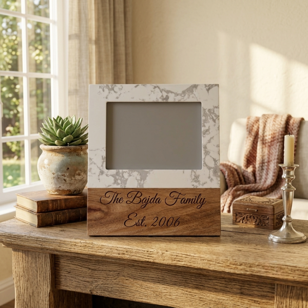 Marble Grove Picture Frame marble and acacia wood engraved housewarming gift