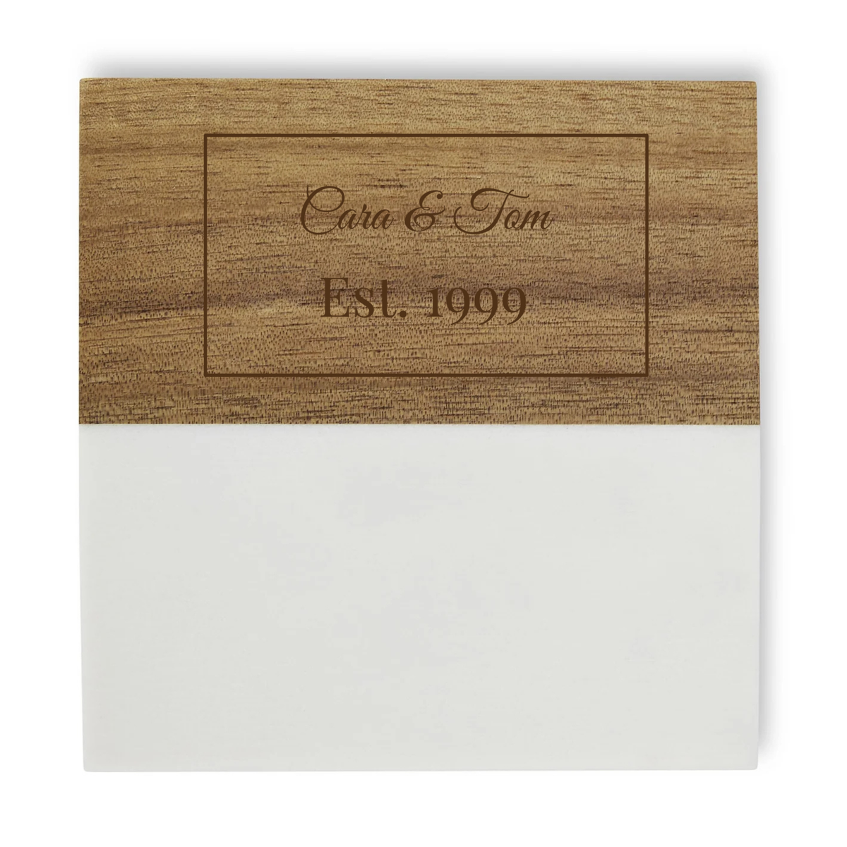 Wooden coaster with engraved sample personalization reading "Cara &amp; Tom" and "Est. 1999" inside a rectangular border