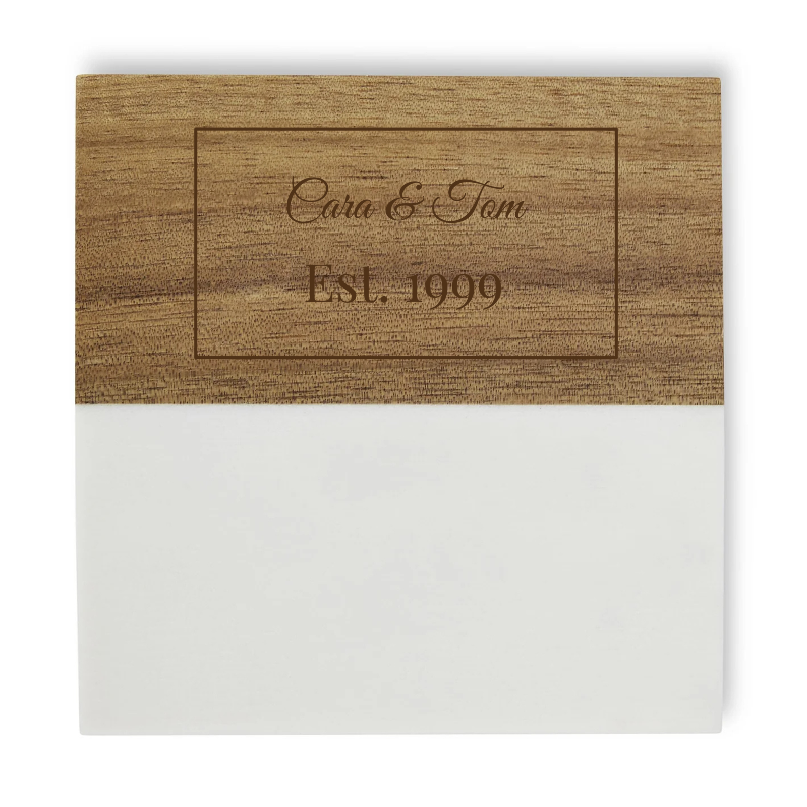 Wooden coaster with engraved sample personalization reading "Cara & Tom" and "Est. 1999" inside a rectangular border