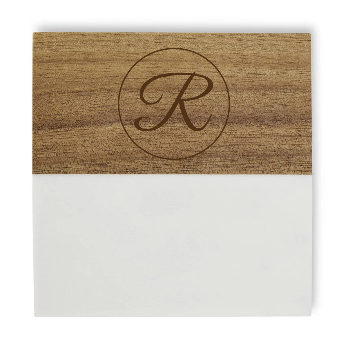 Wood coaster with engraved monogram sample "R" inside a circular border, paired with a white coaster base.