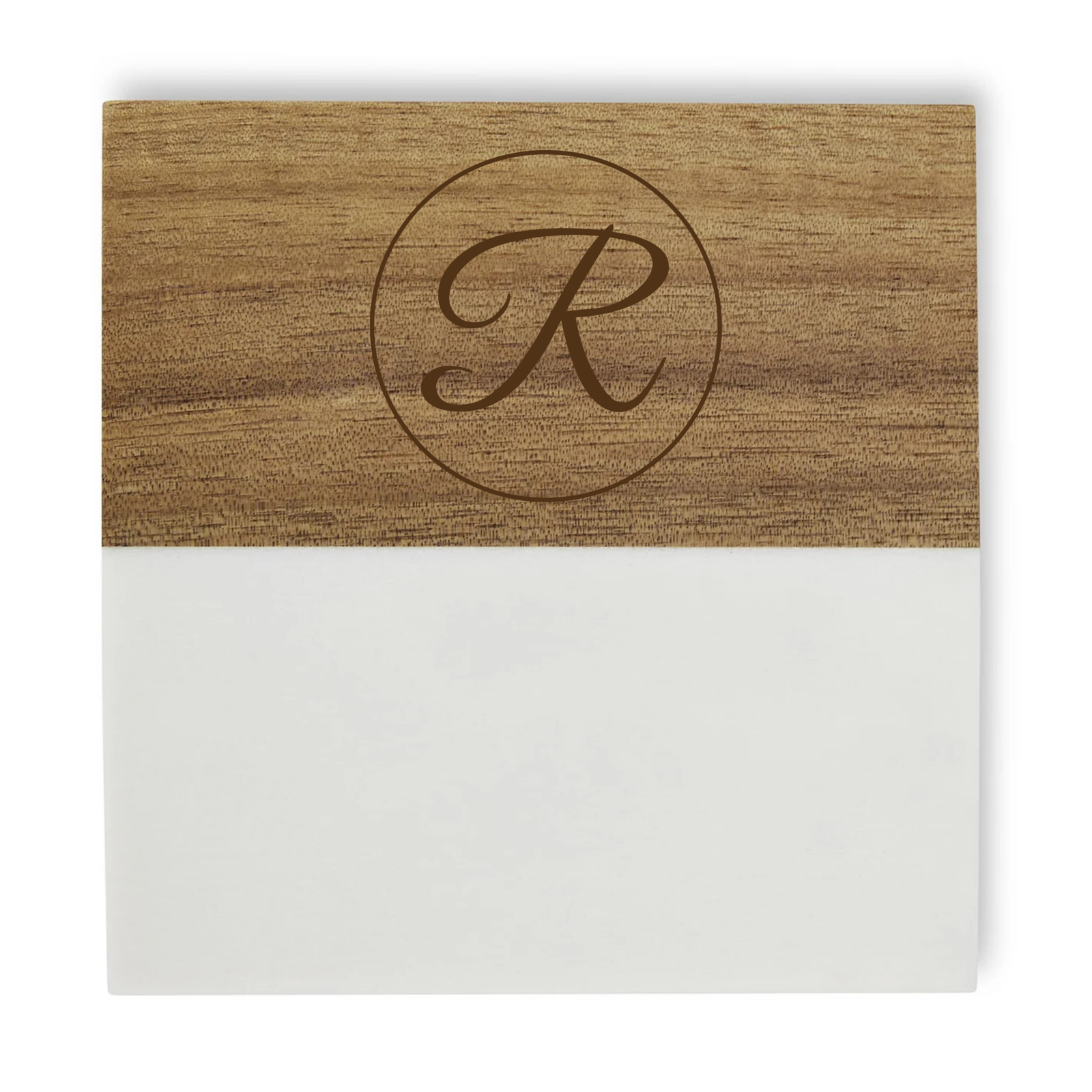 Wood coaster with engraved monogram sample "R" inside a circular border, paired with a white coaster base.