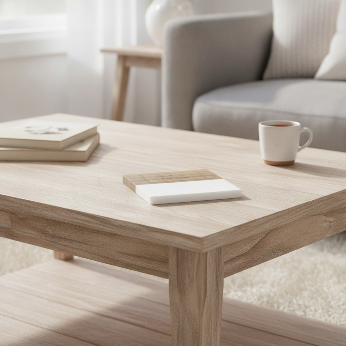 Light wood coffee table with stacked personalized coasters, white mug, and books in a bright living room with gray sofa.