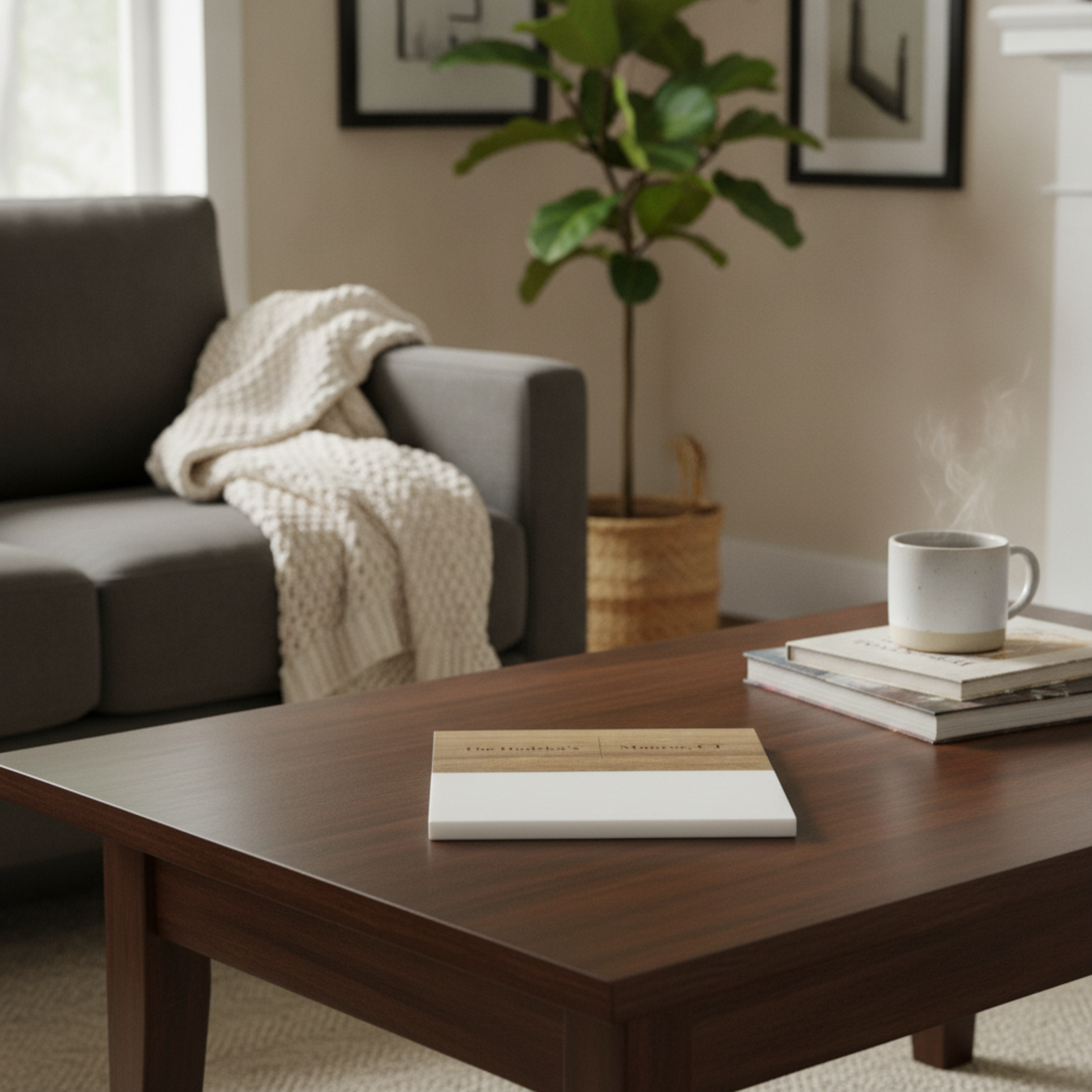 Wooden coaster with white surface displayed on dark wood coffee table in living room setting with gray sofa and cream blanket
