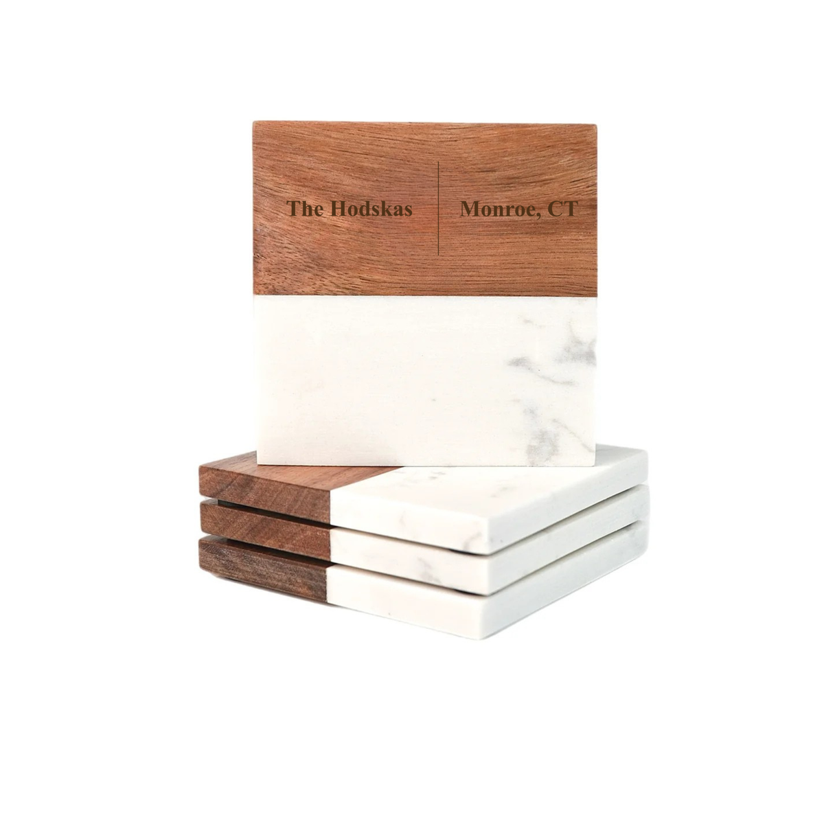 Personalized coaster set with walnut wood and white marble sections, sample engraving shows "The Hodskas" and "Monroe, CT" separated by a center line