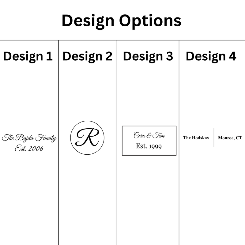 Four personalized design options showing sample text and monogram layouts for coasters, including family name with establishment year, single letter monogram, couple names with date, and location text.