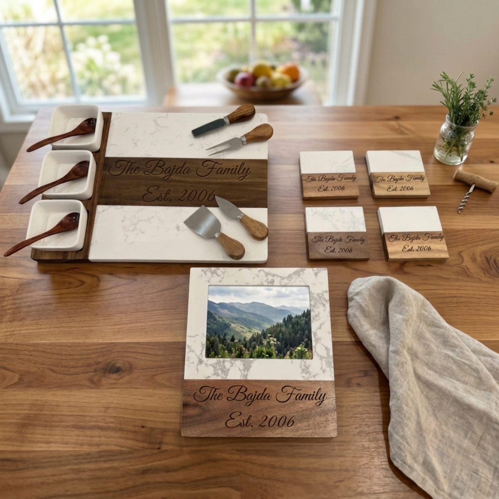 Housewarming gift set. Personalized Charcuterie board, personalized coaster set and a personalized Frame