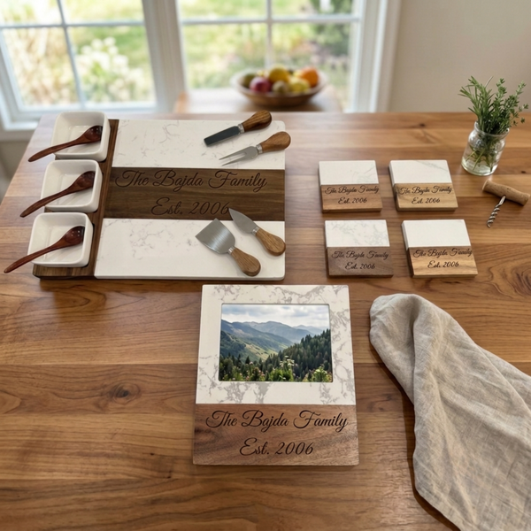 Personalized Marble Home Welcome Set charcuterie board coasters and frame housewarming gift