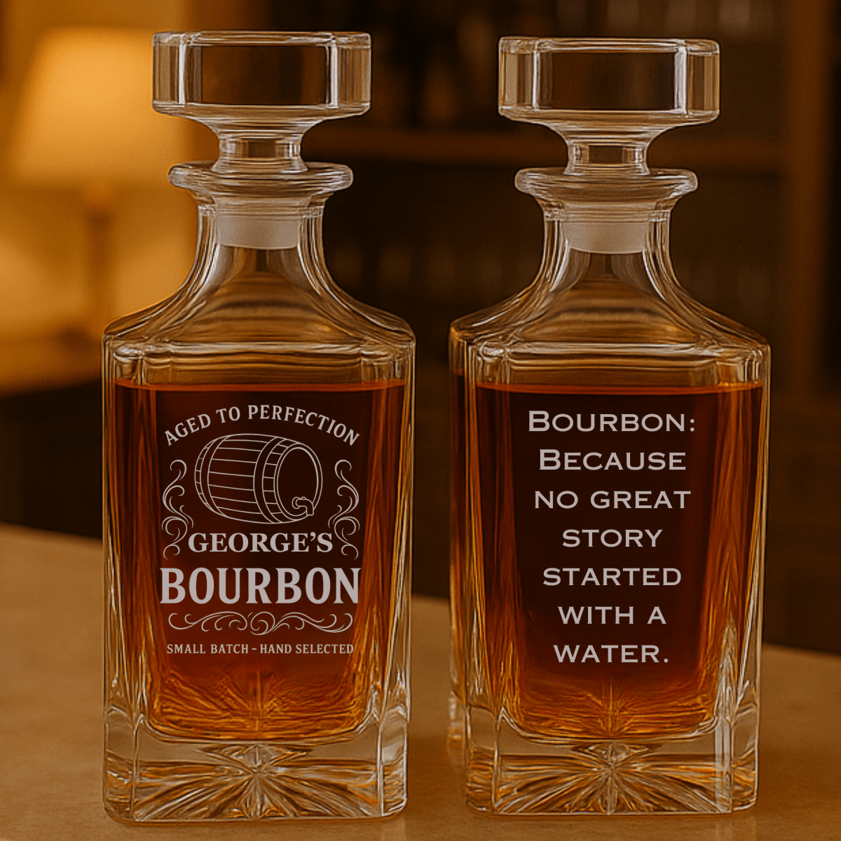 The Bourbon Baron Personalized Decanter, custom engraved 26oz bourbon decanter with barrel design and personalized message