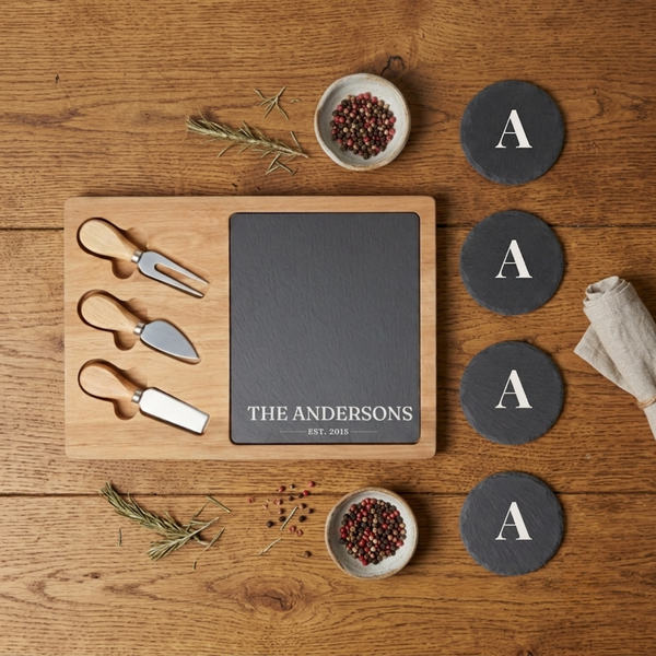 Personalized Slate Cheese Board and Coaster Set engraved housewarming gift