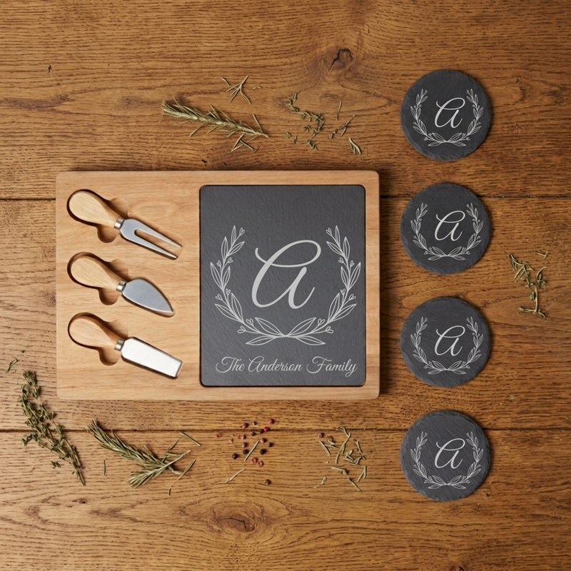 Personalized Slate Cheese & Coaster Set