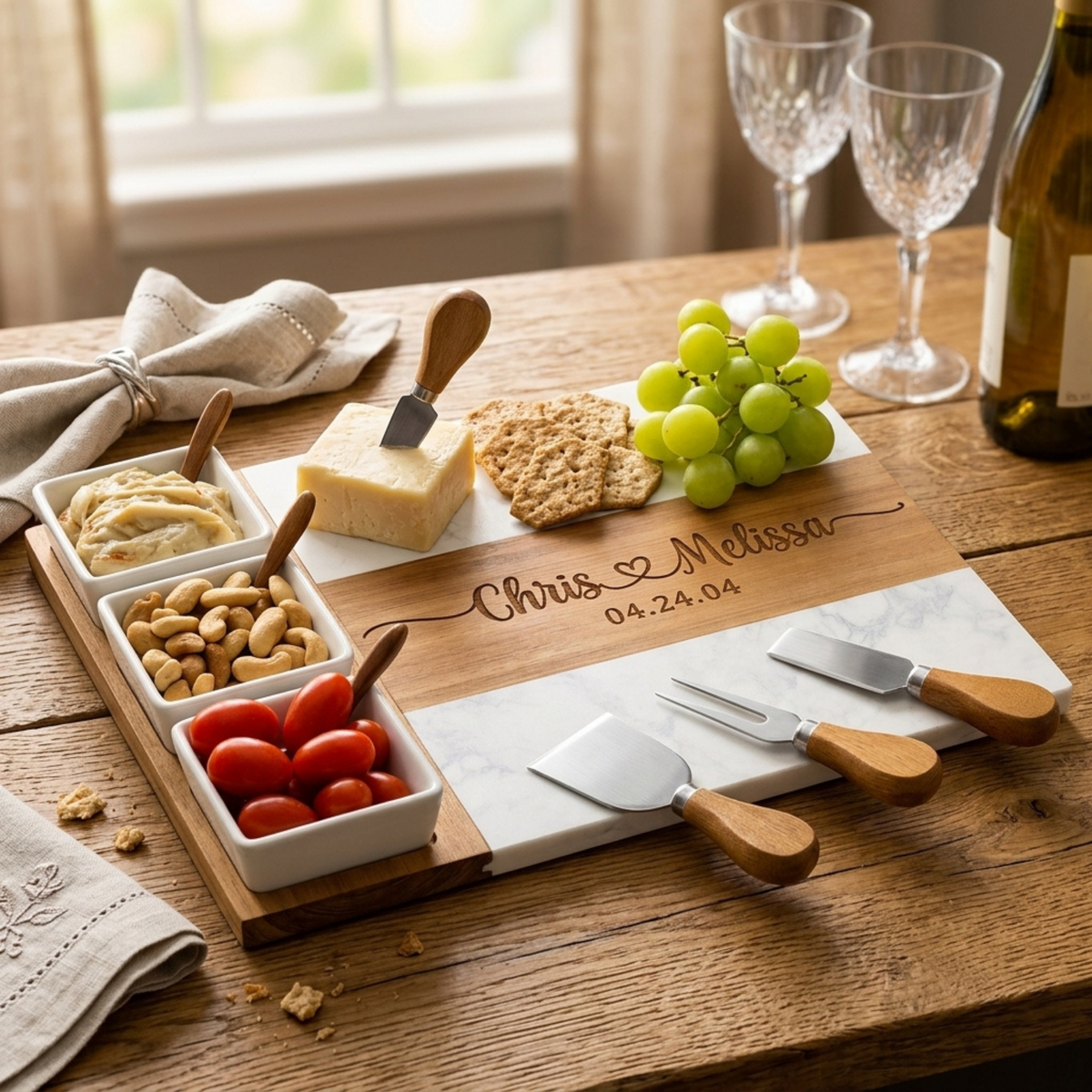 Personalized Wedding Charcuterie board engraved with both names and a heart, styled with cheese, crackers, and grapes