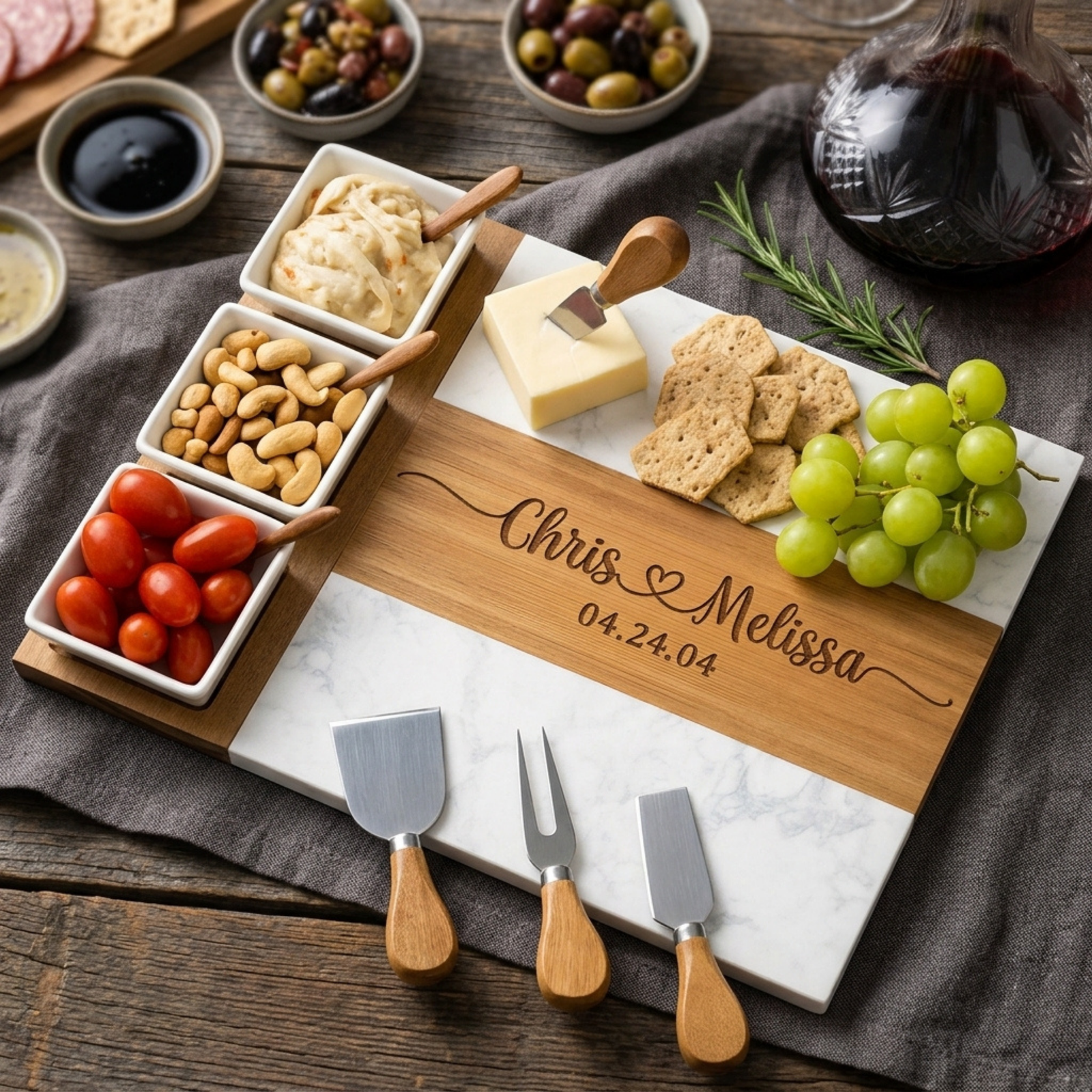 Personalized couples charcuterie board engraved with names and a heart, styled with cheese, crackers, and grapes. 