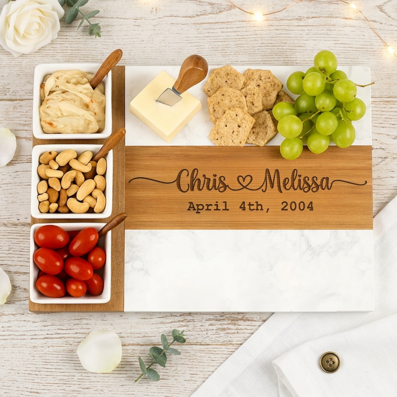Personalized wooden charcuterie board with engraved names and anniversary date, accompanied by white ceramic bowls of crackers, nuts, and tomatoes, plus fresh grapes and cheese.