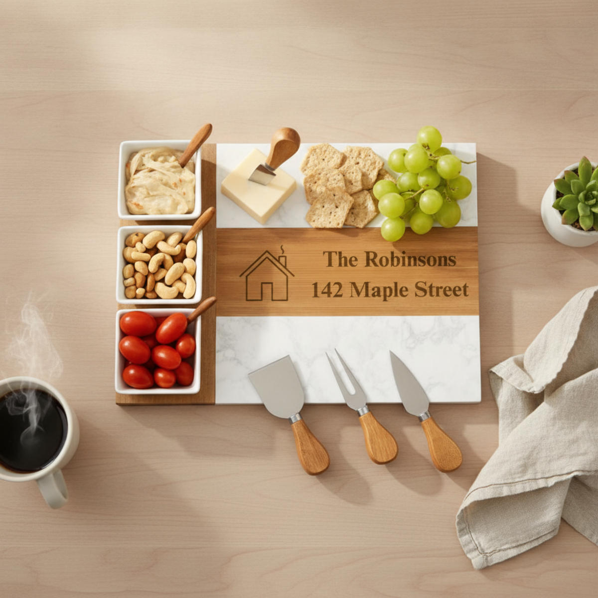 Personalized wooden and marble charcuterie board engraved with sample name "The Robinsons" and address "142 Maple Street," styled with cheese, crackers, grapes, nuts, tomatoes, spreader knives, and serving utensils.