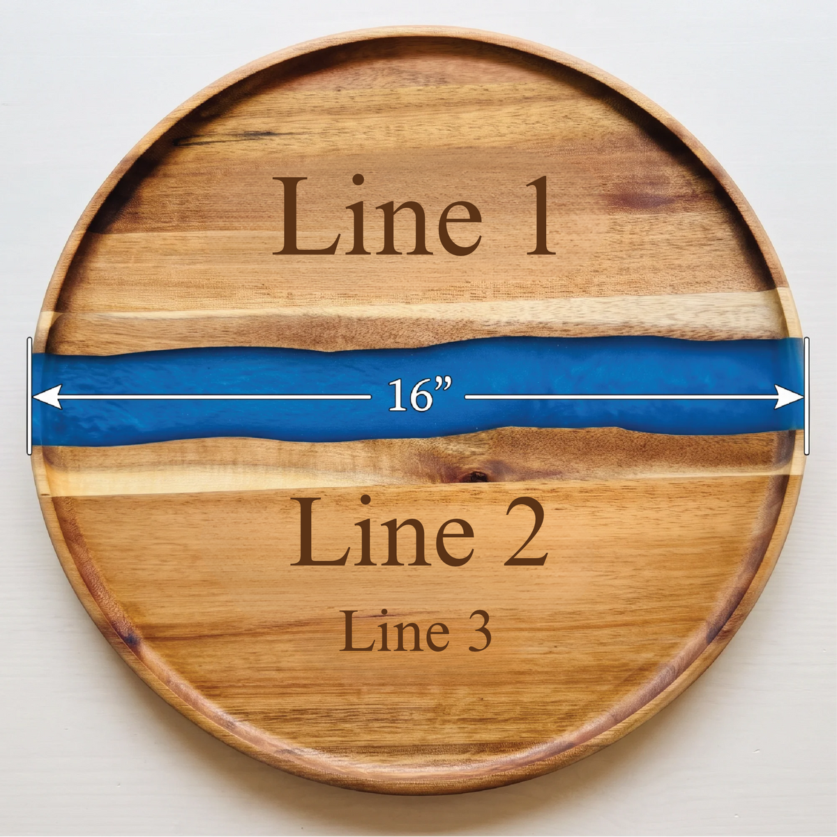 Layout guide for The Riverbend Board showing where Line 1, Line 2 and Line 3 are engraved and its 16 inch diameter