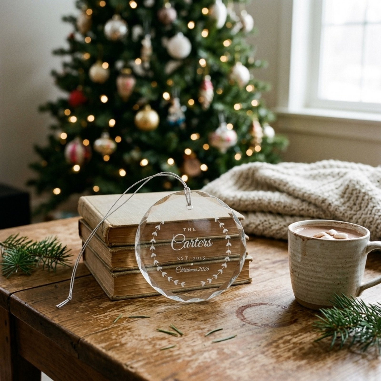 Personalized Family Christmas Ornament in clear faceted glass hanging on a lit Christmas tree, engraved with THE Carters EST. 2015 Christmas 2026 inside a laurel wreath
