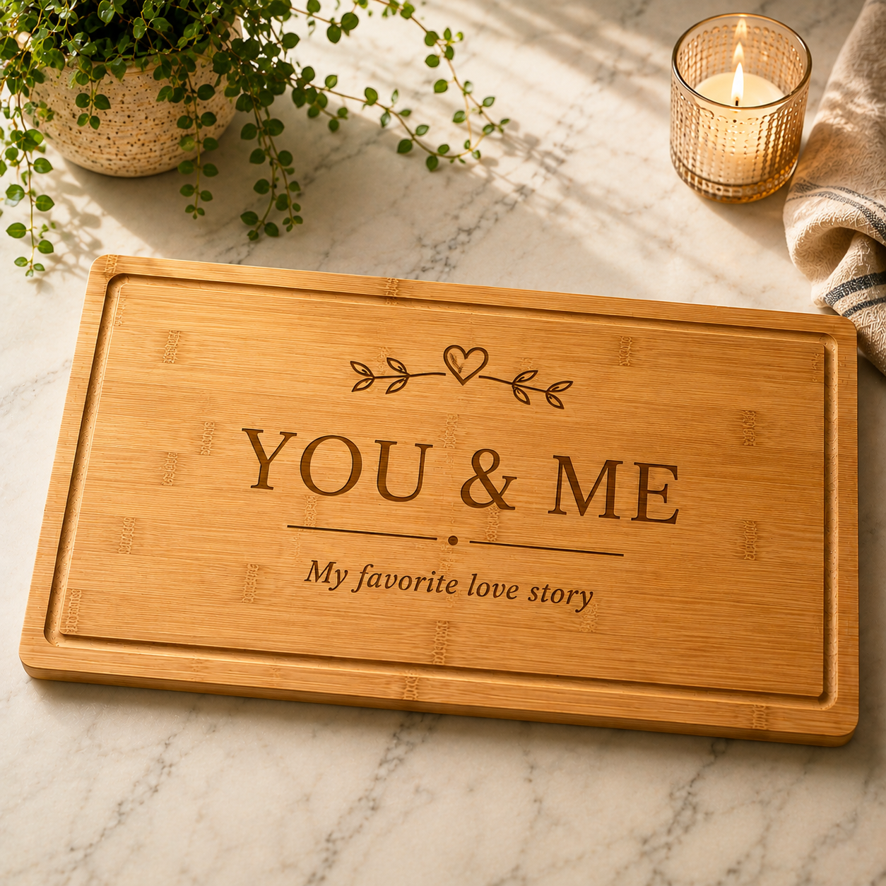 Custom quote cutting board engraved with You & me, surrounded by a candle and a towel | Willow & Hive