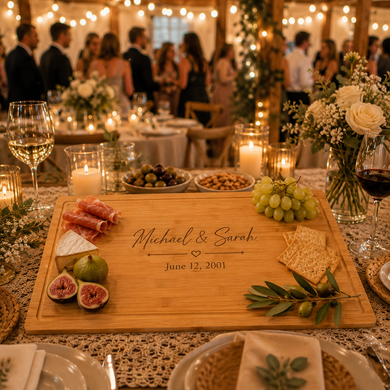 Bamboo wedding serving board engraved Michael & Sarah June 12, 2001 with prosciutto, brie, figs, grapes and crackers on a candlelit wedding reception table