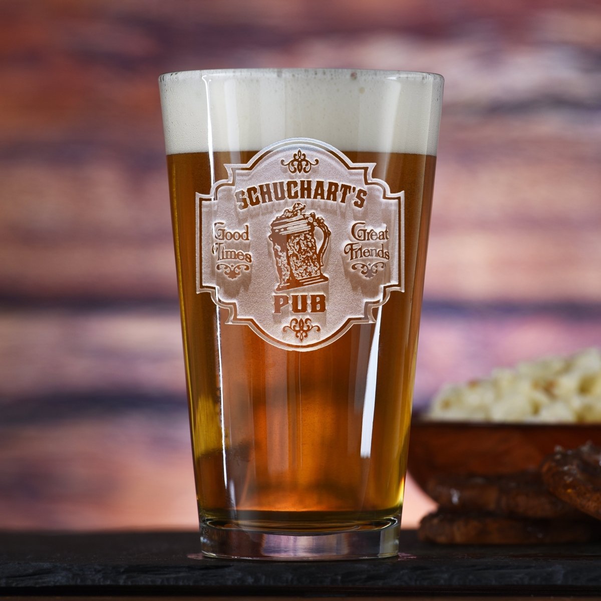 Tap Room personalized bar sign pint glass with sand-carved bar-sign design
