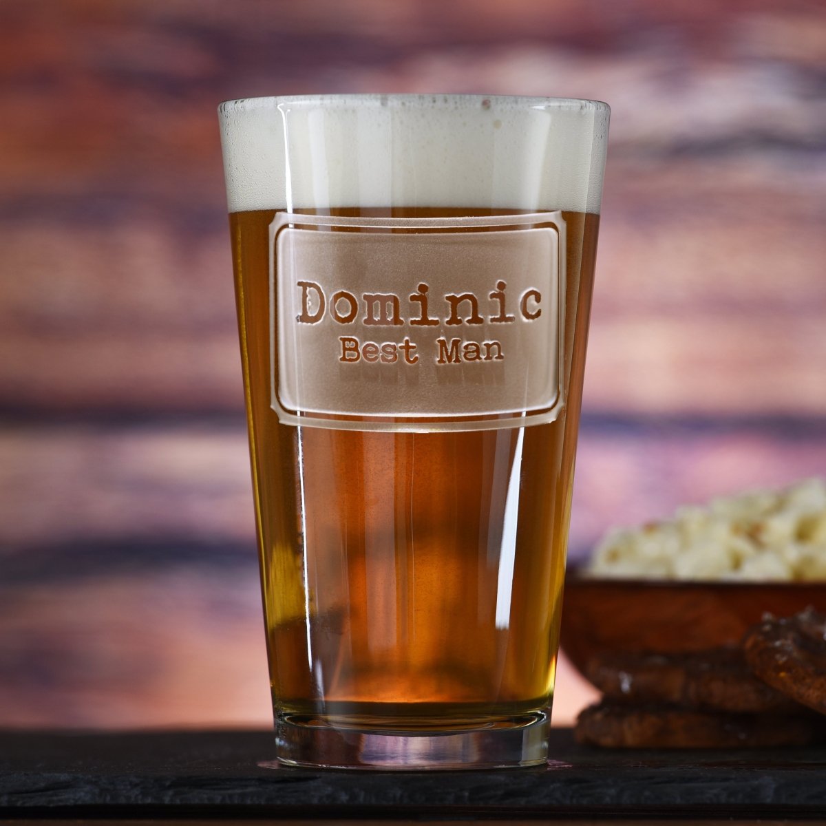 Square Label personalized groomsman pint glass with sand-carved engraving