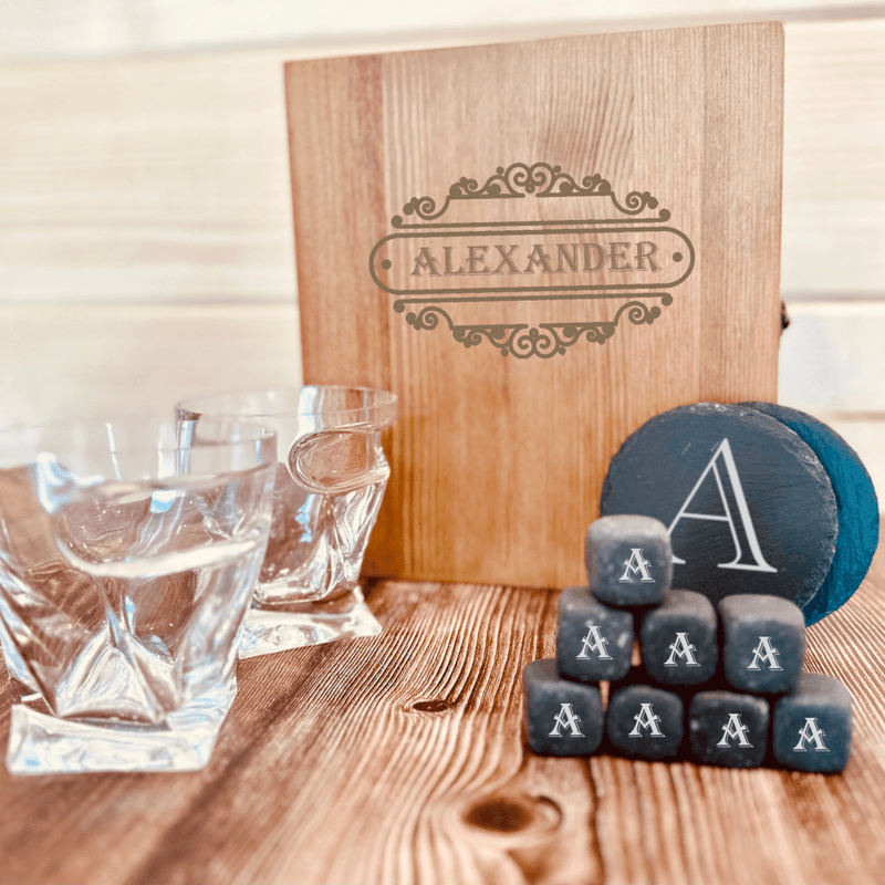 Unique Personalized Elegant Personalized Whiskey Glass and Stones Set Customized Gift Set Gifts for Men by Groovy Guy