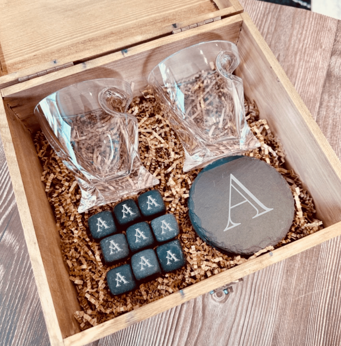 Personalized Whiskey Glass and Stones Gift Set with Cigar Rest