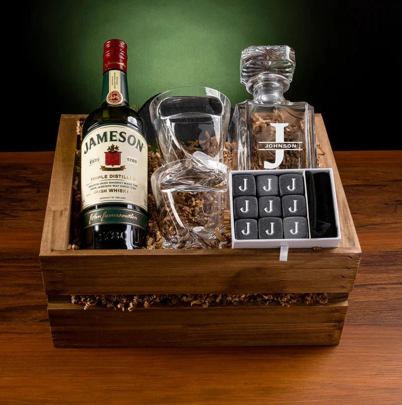 Signature Bar Crate Collection - Decanter, crate, whiskey glasses, coasters, and whiskey stones. Willow & Hive