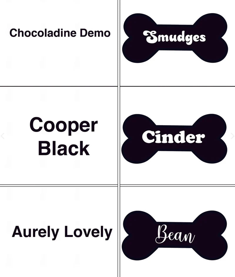 Font style preview showing six personalized pet bowl options with sample dog names engraved in different typefaces on black bone-shaped labels