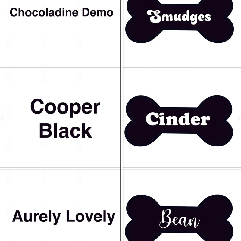Font style preview showing six personalized pet bowl options with sample dog names engraved in different typefaces on black bone-shaped labels