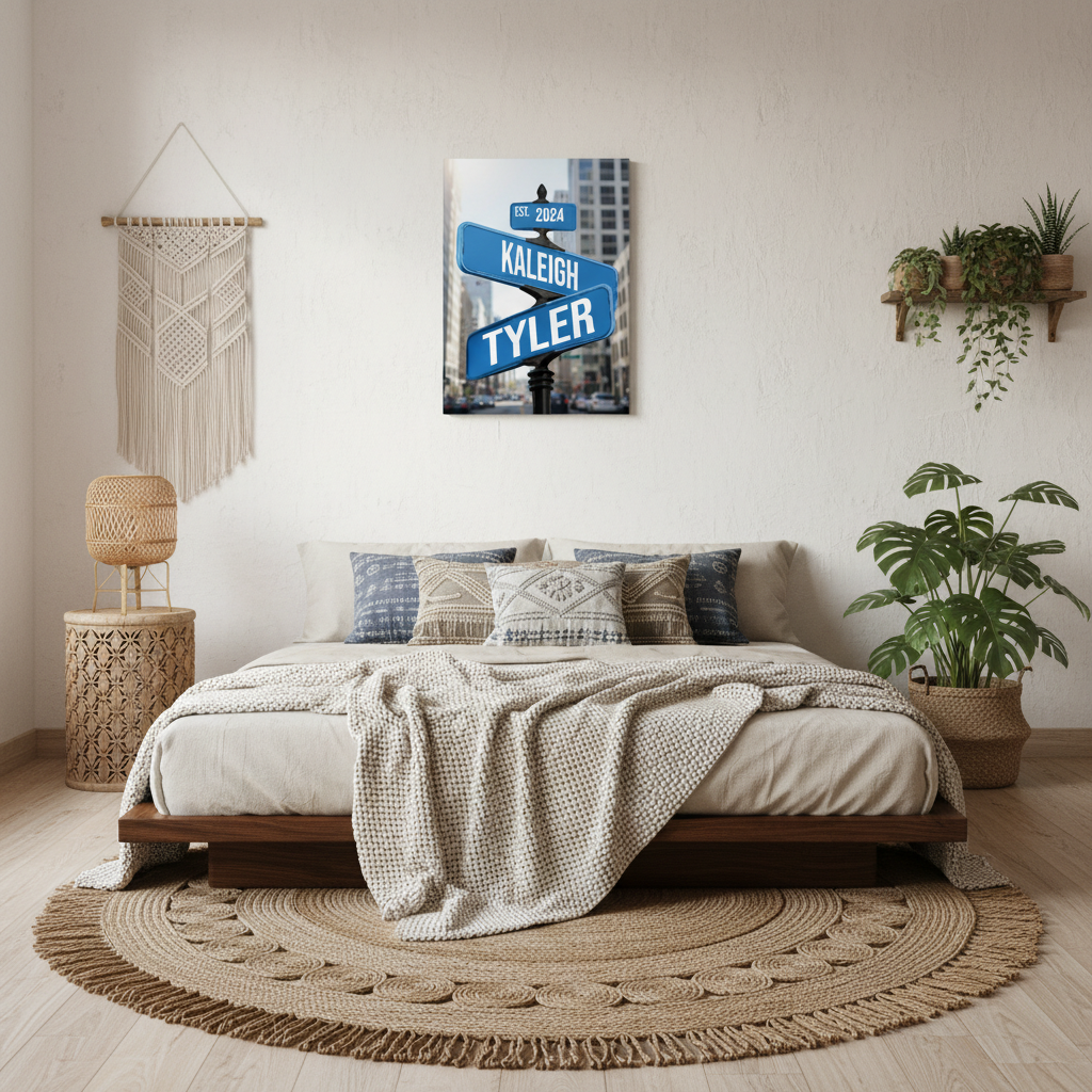 Decorative wall art with street signs displaying 'Amanda', 'Thomas', and 'Est. 2014' against a cloudy sky from Willow & Hive