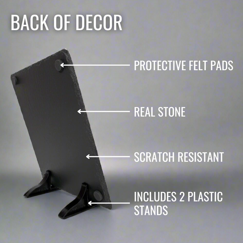 Back view of slate plaque showing protective felt pads at top and bottom, real stone surface, scratch-resistant finish, and included plastic display stands