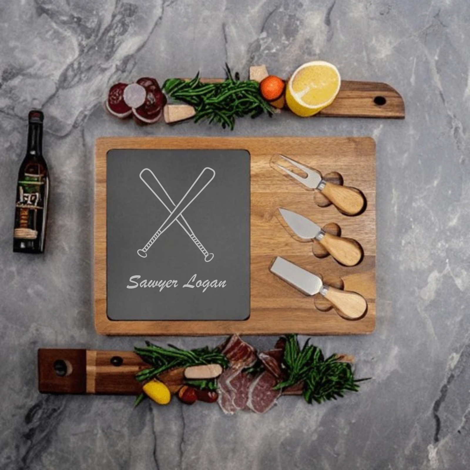Personalized Baseball Charcuterie Board engraved with crossed bats and the name Tobey Bajda on a slate and acacia wood board with cheese knives | Willow & Hive