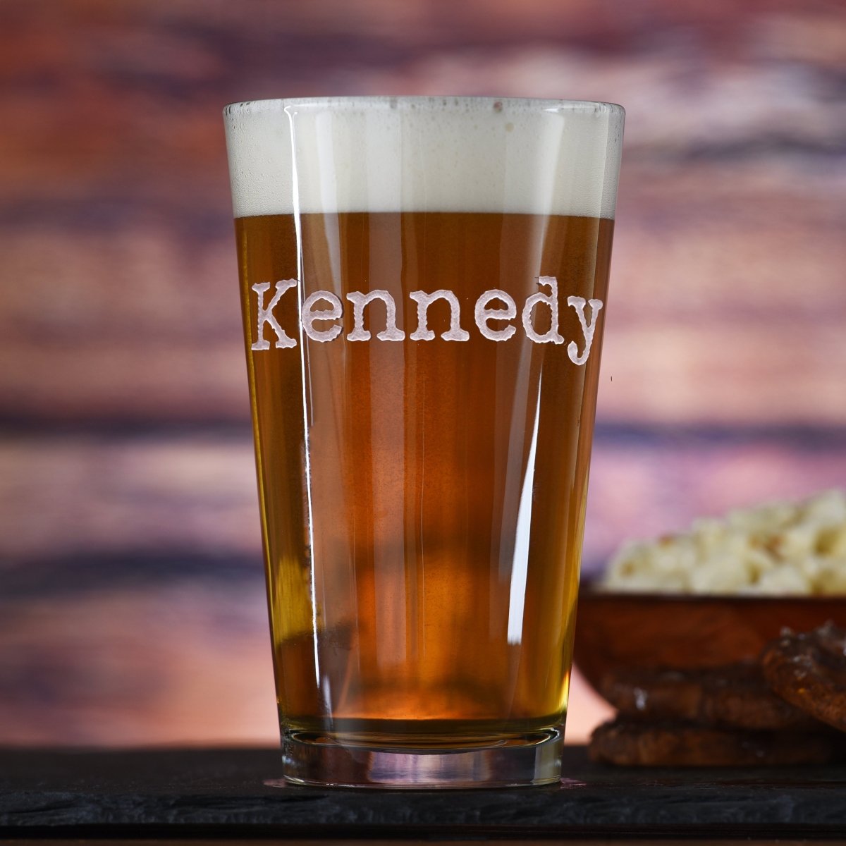 Typewriter personalized pint glass with sand-carved vintage typewriter font name