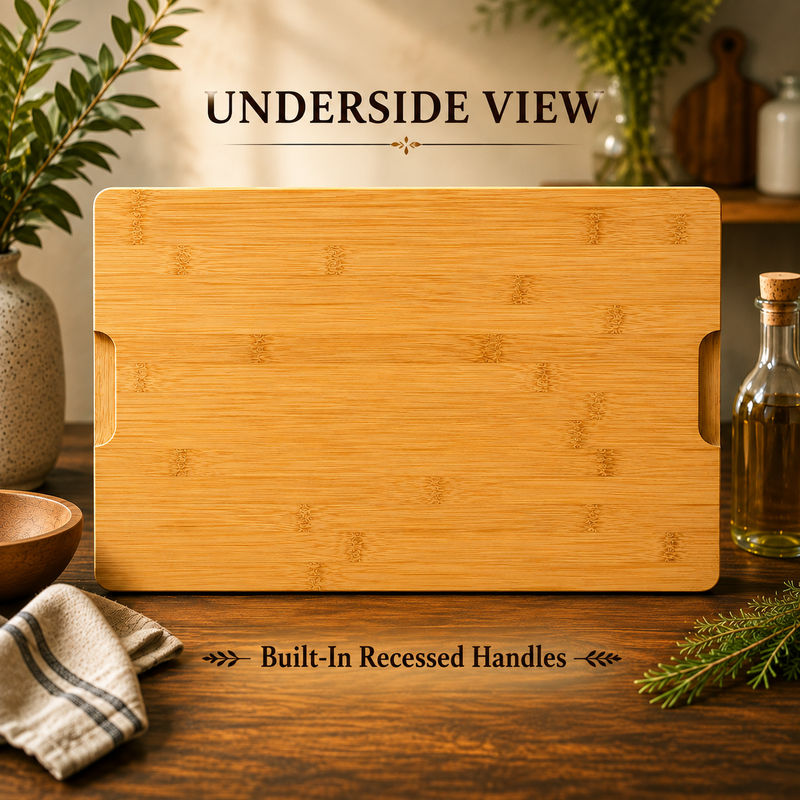 Underside of the bamboo wedding serving board showing plain wood grain and built-in recessed handles on each end, next to an oil bottle and kitchen towel