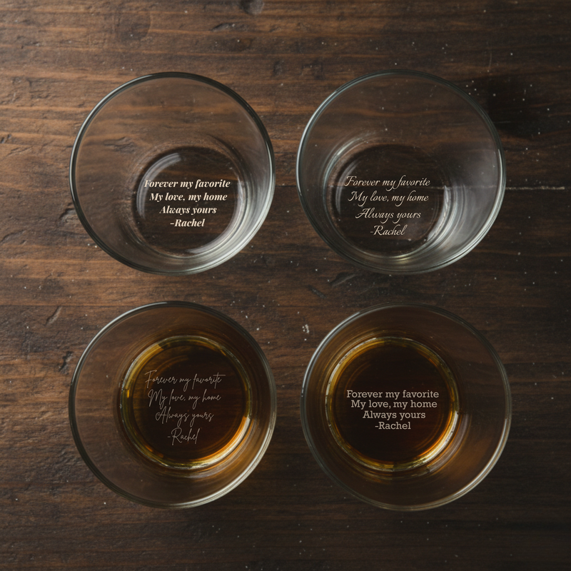 Four whiskey glasses arranged on wood surface, two empty and two filled with amber liquid, each engraved with sample message "Forever my favorite My love, my home Always yours -Rachel" visible at the base