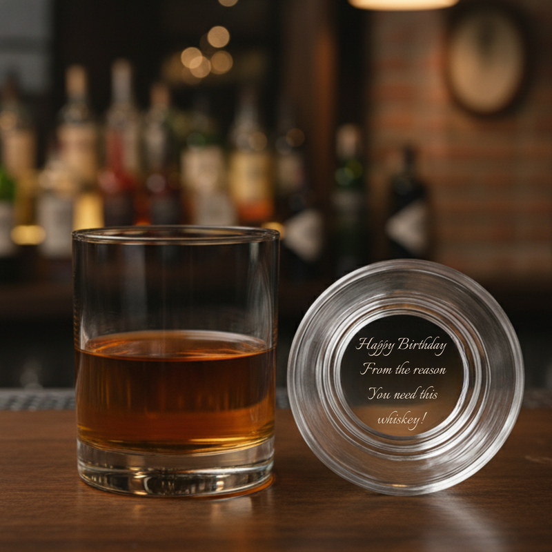 Whiskey glass filled with amber liquid next to its base showing sample engraved message "Happy Birthday From the reason You need this whiskey!" revealed when tilted