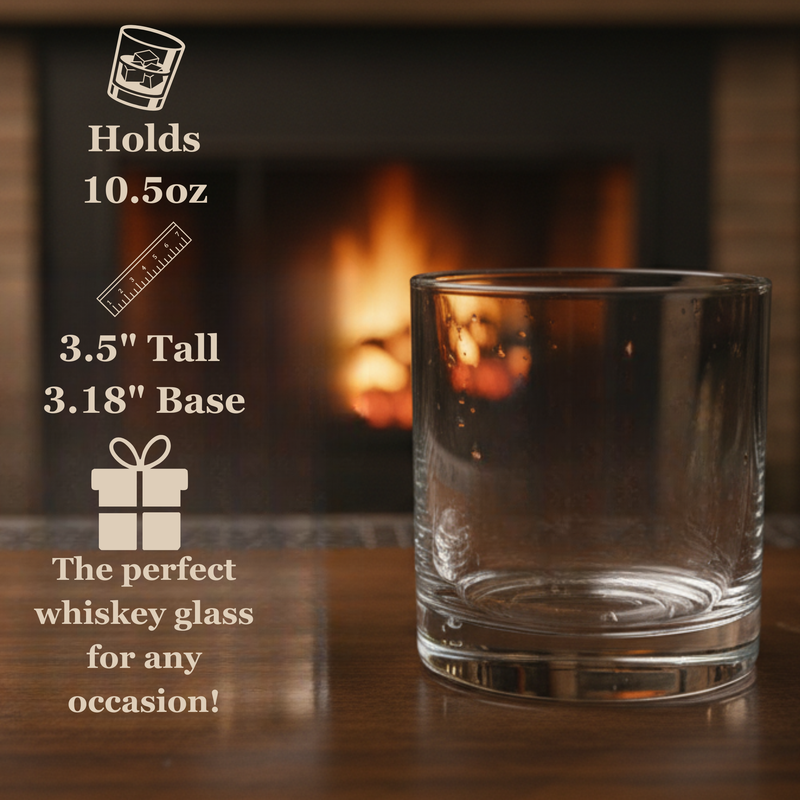 Clear rocks glass with heavy base displayed in front of fireplace, showing 10.5oz capacity and 3.5 inch height dimensions