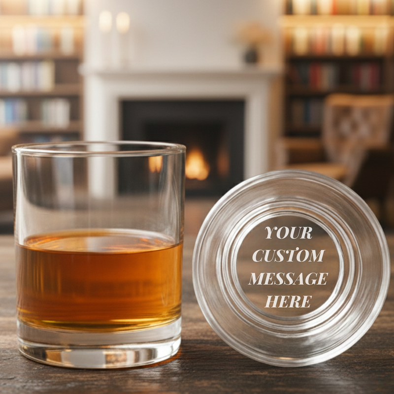 Whiskey glass with amber liquid beside its matching lid showing sample engraved text "YOUR CUSTOM MESSAGE HERE" on the base, positioned near a fireplace setting