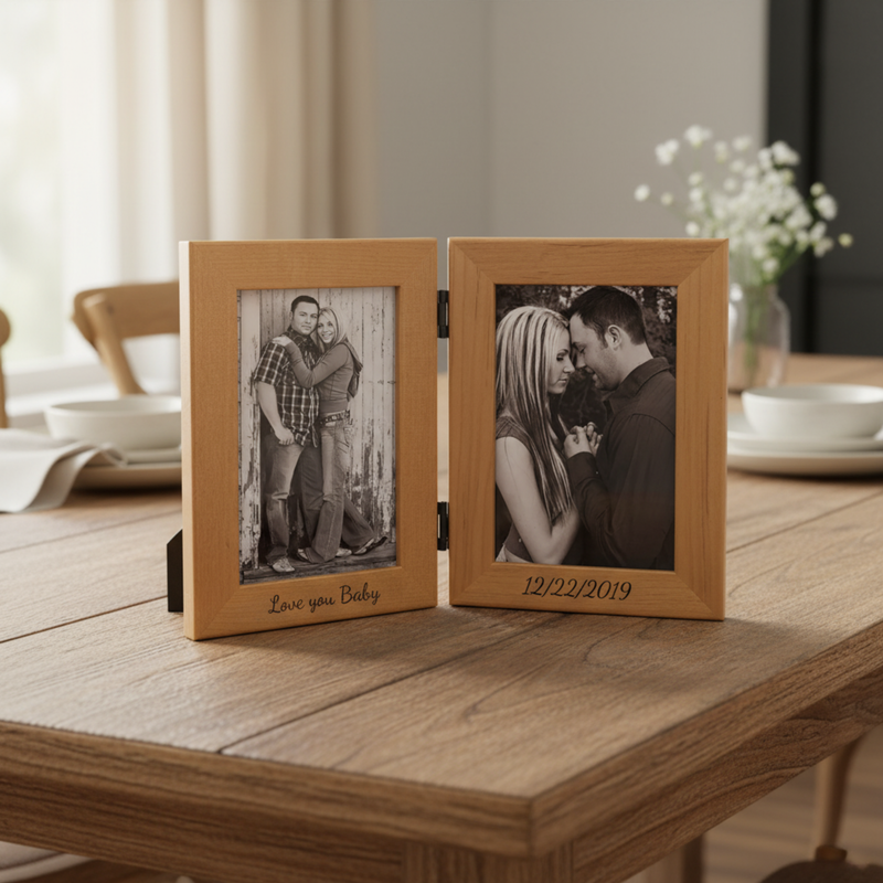 Hinged double wood frame with two black-and-white photos, left panel engraved with sample text "Love you Baby" and right panel with sample date "12/22/2019