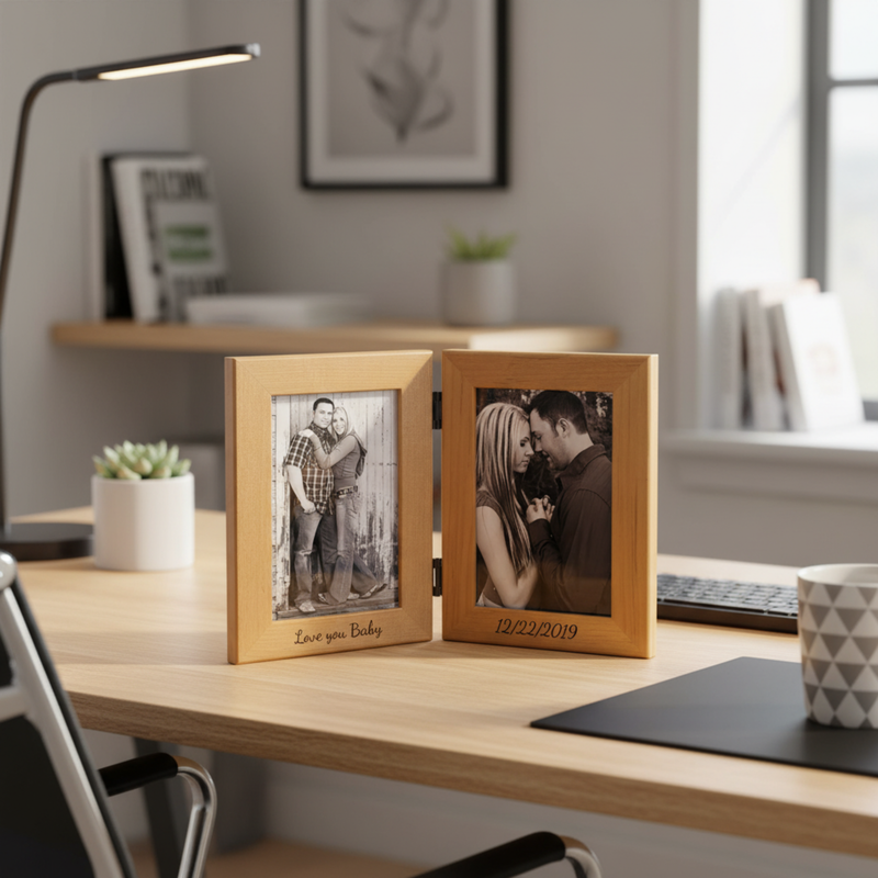 Two natural wood photo frames displayed open on a desk, left frame engraved with sample text "Love you Baby" and right frame with sample date "12/22/2019", each holding black and white couple photos.