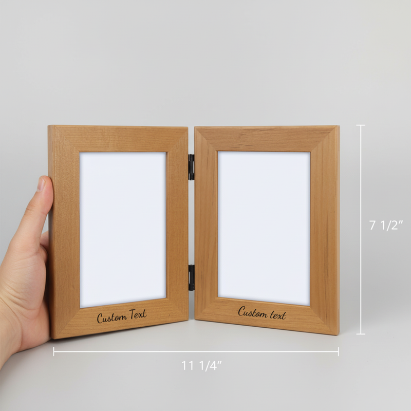 Hinged double wood frame with sample text "Custom text" engraved below each opening, displayed open at 7 1/2" height and 11 1/4" width, held in hand against gray background