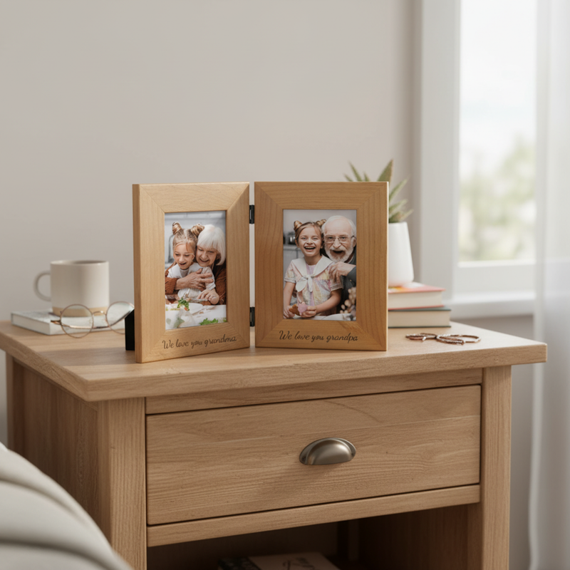 Pair of wooden photo frames with sample engravings "We love you grandma" and "We love you grandpa" displayed on a bedroom nightstand