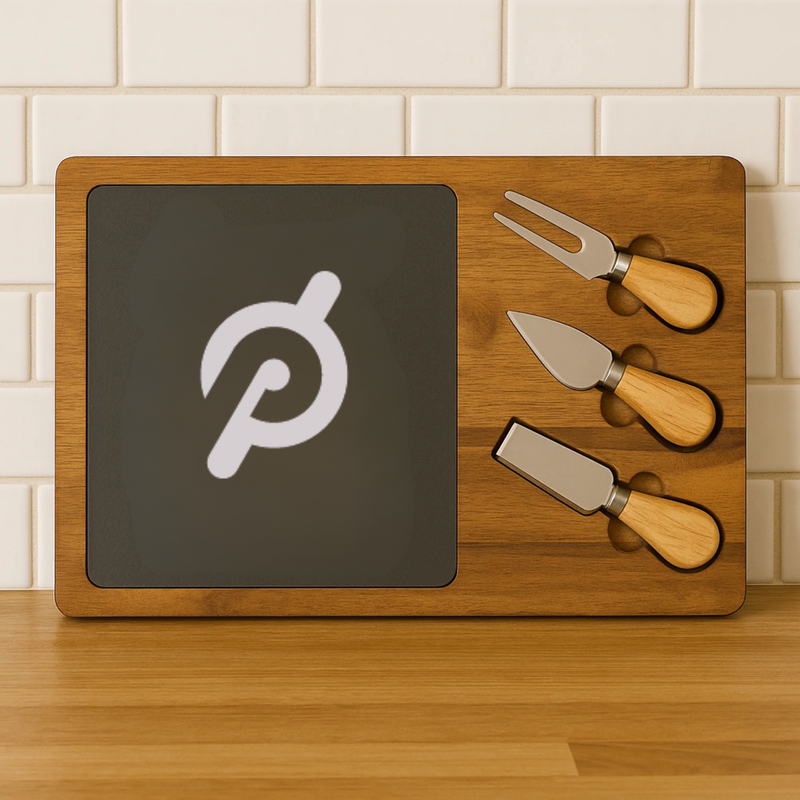Wooden entertainer's board with slate section displaying sample logo mark and three cheese knives with wooden handles on the right side