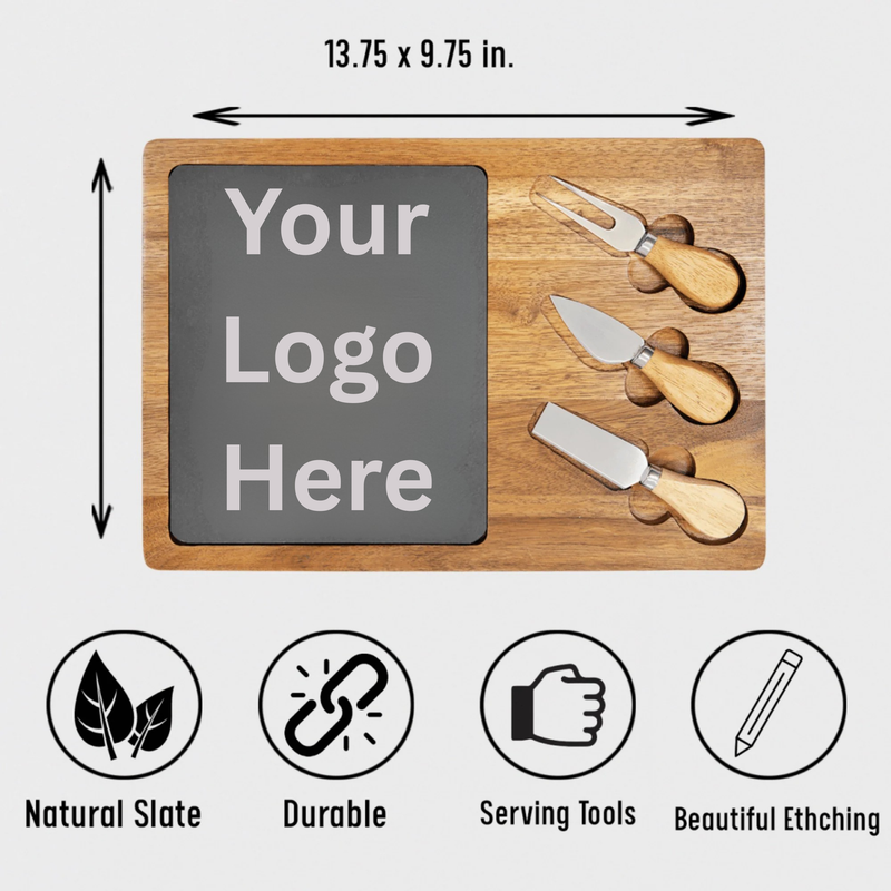 Entertainer's board with wood surface, slate insert, and three cheese knives with wooden handles, showing dimensions 13.75 x 9.75 inches and feature icons below