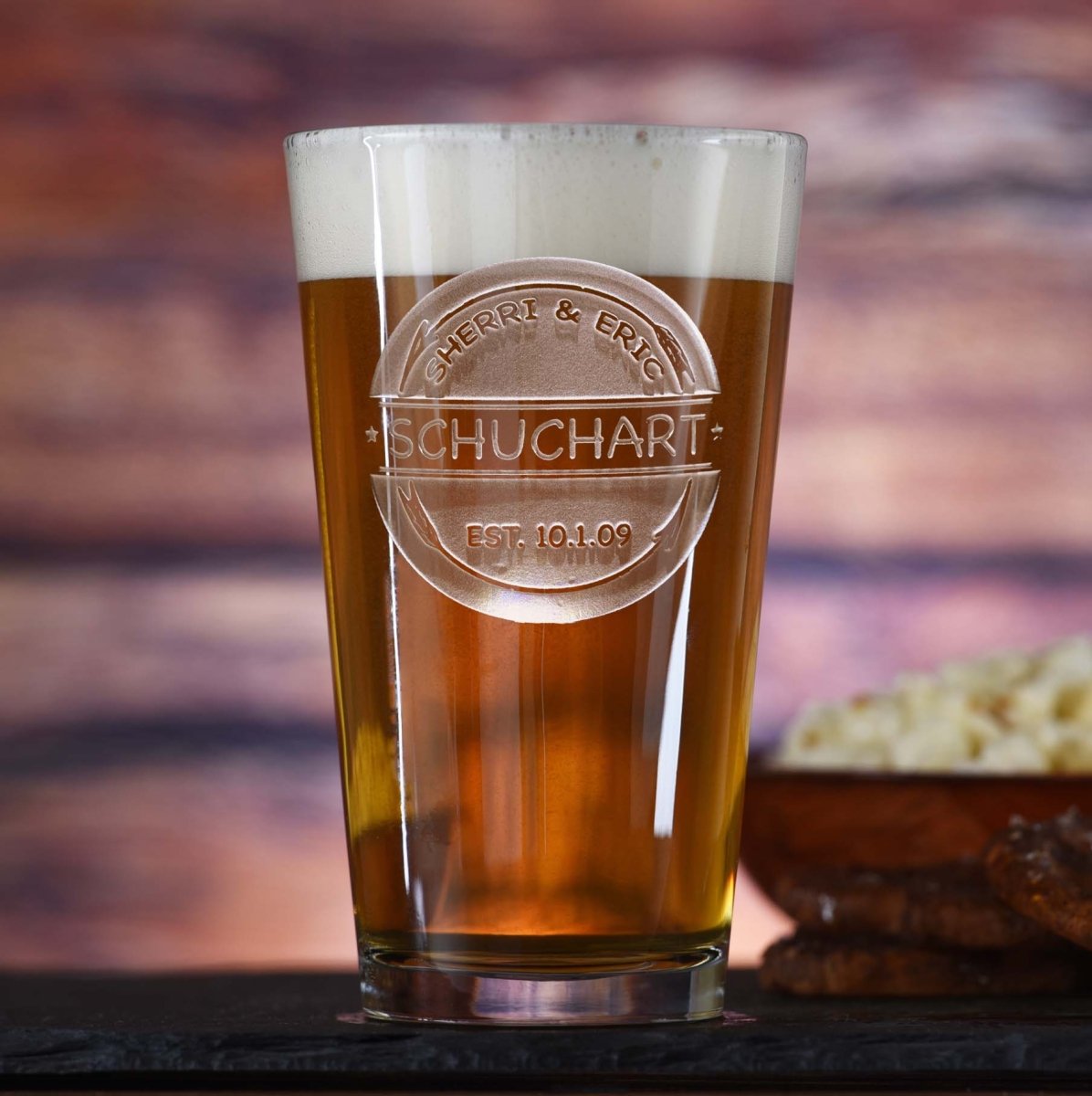Rustic Arrows personalized wedding pint glass with sand-carved arrows and couple's names
